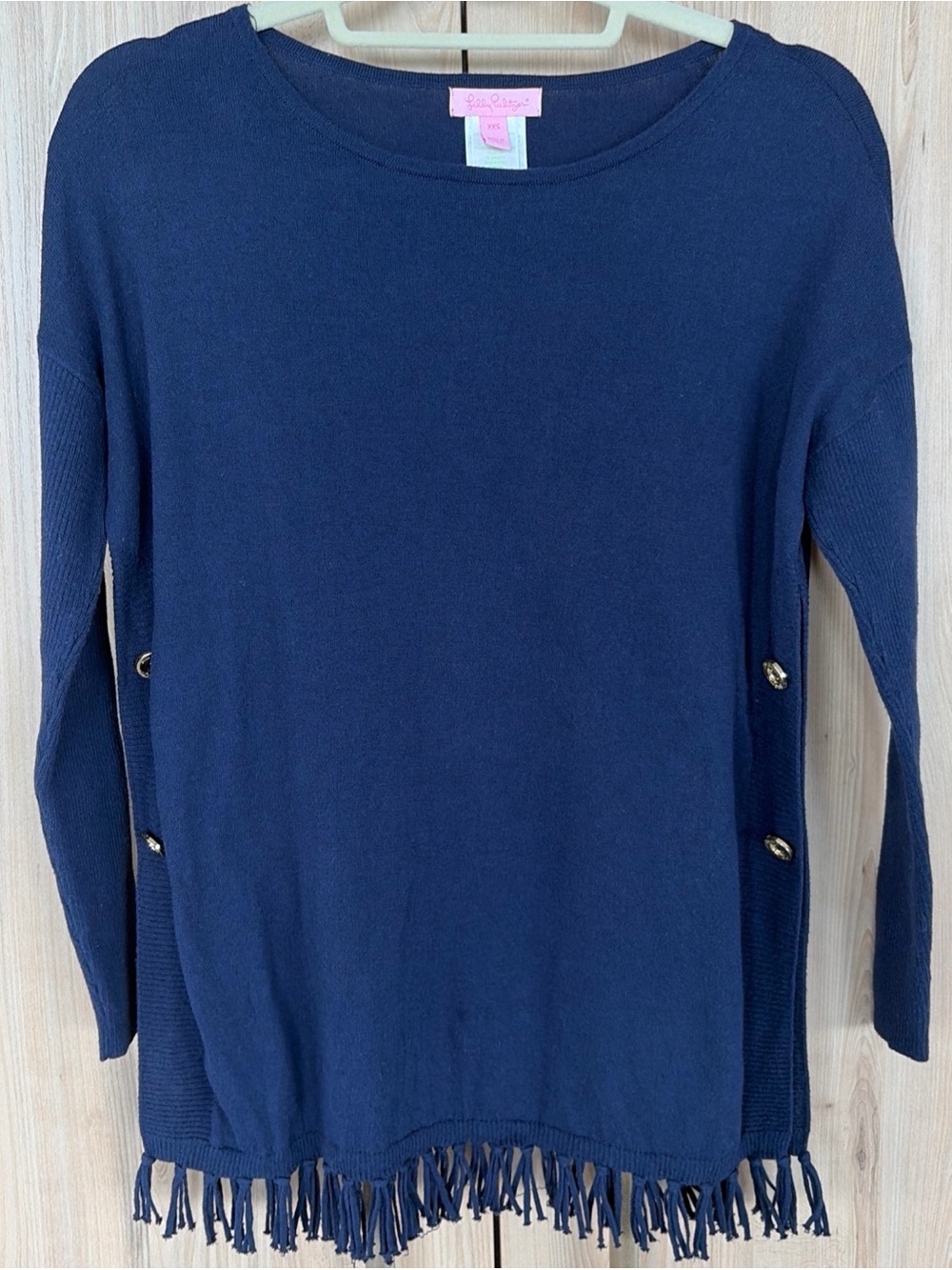 Lilly Pulitzer Ramona Fringe Sweater Womens xxs Navy Gold Buttons Tunic Preppy